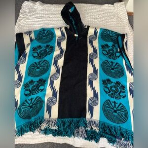 Turquoise and Black Wool Poncho OS